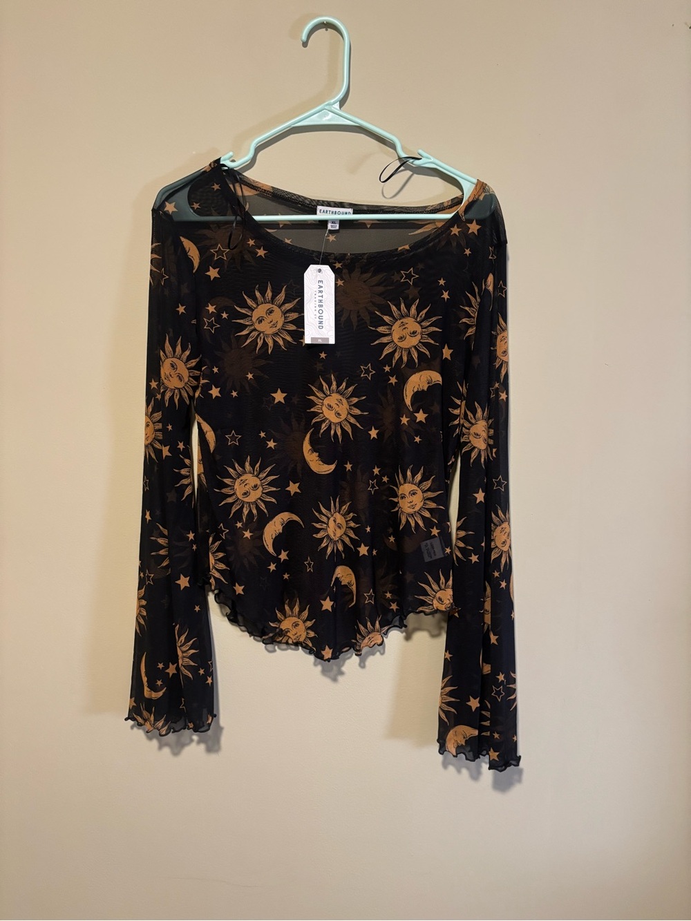Earthbound Sun & Moon Long Sleeve sheer top with bell sleeves- Black/Gold